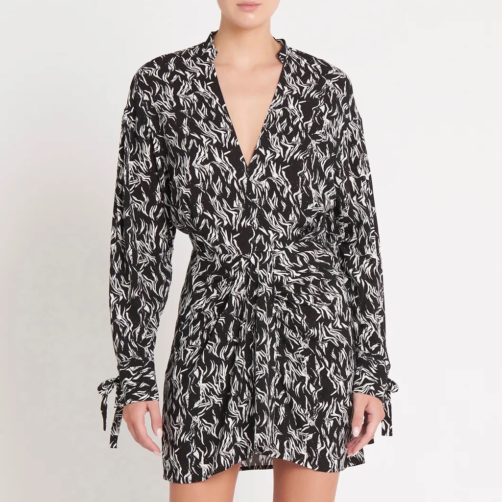 Iro Yhaz Black White Printed V-Neck Long Sleeve Faux Wrap Mini Dress Euc Sz 34/2